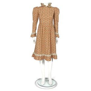 BATSHEVA Dress Prairie Cottagcore Ochre Brown Floral Frill Collar Cuff sz 4 /660